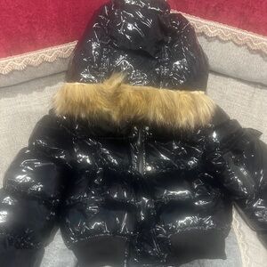 Moncler Shiny Black Puffer Jacket with Faux Fur